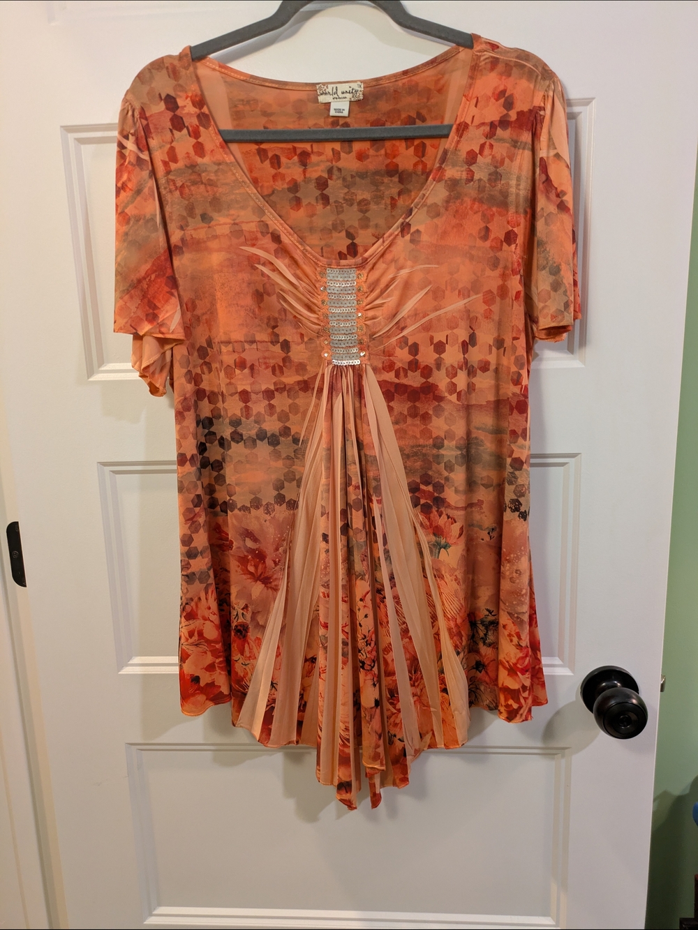 Panel Pleated Orange Floral Tunic with Rhinestone Detail